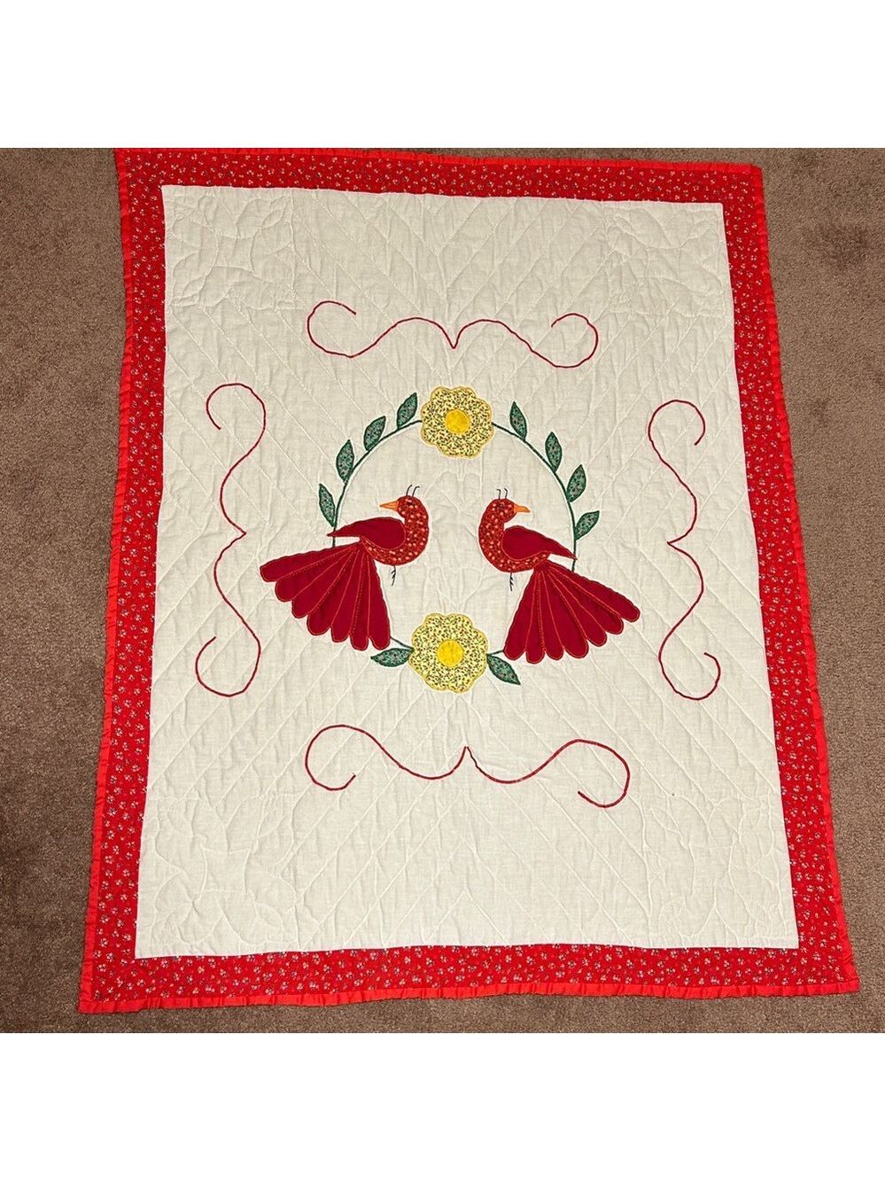 Handmade vintage Red and Cream Quilt with appliqué Bird Design. 38” x 47”.